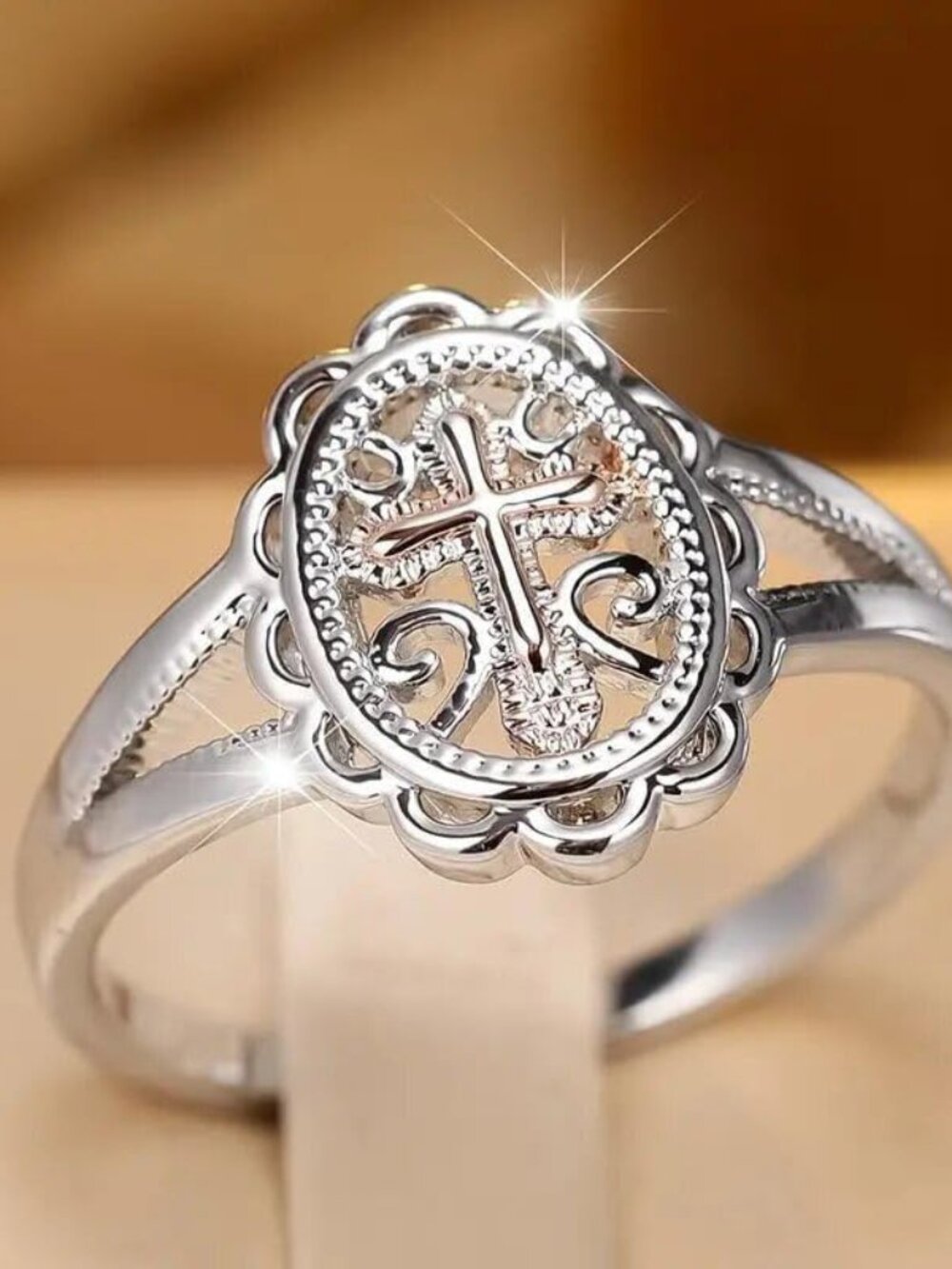 Two-Tone 925 Sterling Silver Plated Cross Statement Rings for Women Men,Victoria - Picture 4 of 7